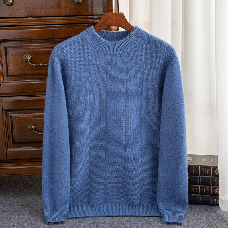 High Sense Autumn And Winter New Cashmere Sweater Men's Round Neck Striped Double Thick Sweater Casual Solid Color Bottoming Shirt
