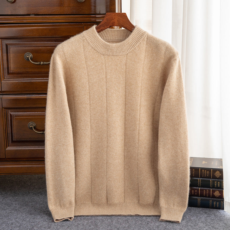 High Sense Autumn And Winter New Cashmere Sweater Men's Round Neck Striped Double Thick Sweater Casual Solid Color Bottoming Shirt