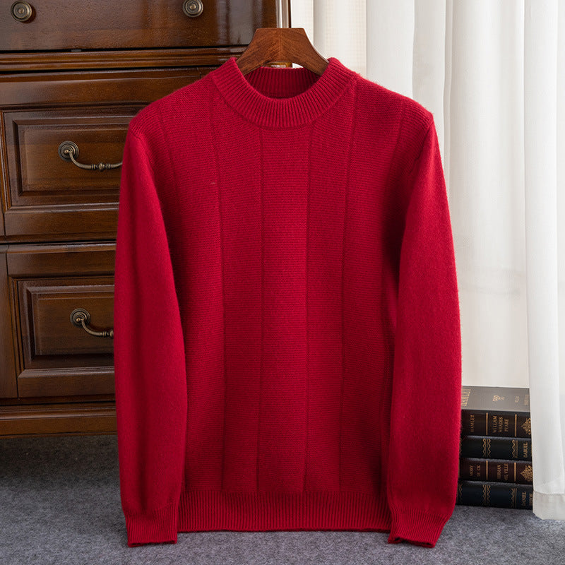 High Sense Autumn And Winter New Cashmere Sweater Men's Round Neck Striped Double Thick Sweater Casual Solid Color Bottoming Shirt